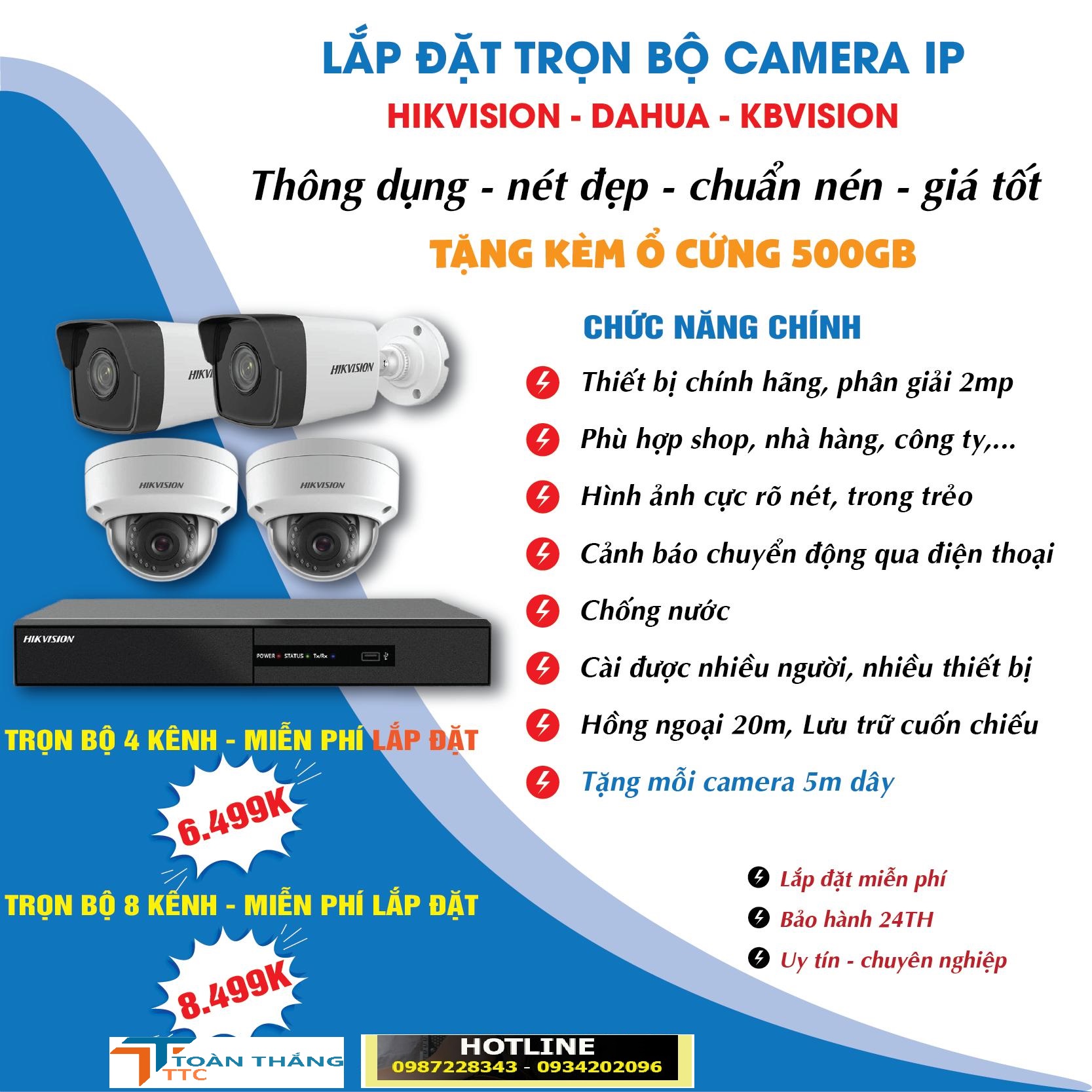 Bộ 4 Mắt Camera KBVISION - DAHUA -HIKVISION 2.0mp